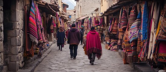 Obraz premium Vibrant Cobblestone Market Alley: Colorful Handwoven Textiles & Shoppers in Traditional Mountain Town