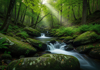 Ethereal Forest Stream Flowing Through Lush Ancient Woodland