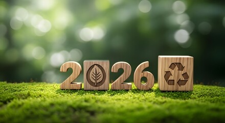 Wooden blocks with recycling symbols on mossy ground sustainability, ecofriendly concepts, environmental education, green living, and recycling campaigns.