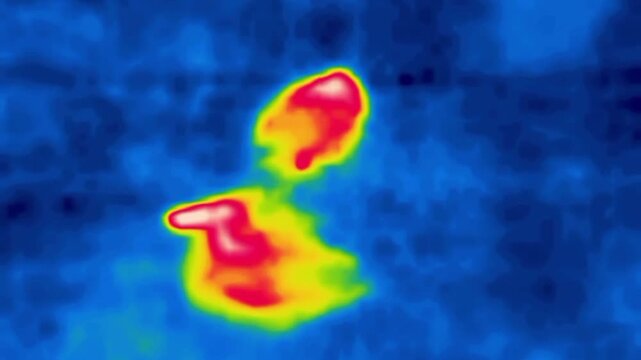 Two birds are sleeping near the pond. Image from thermal imager device.