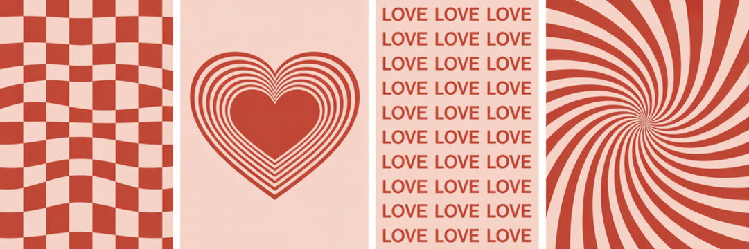 Vibrant love themed pattern with swirling hearts and checkered background