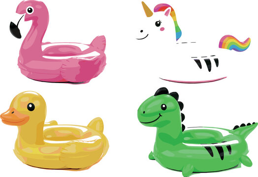 Cute inflatable pool float vector set with flamingo, duck, unicorn, and dinosaur floaties for summer, beach, and vacation designs