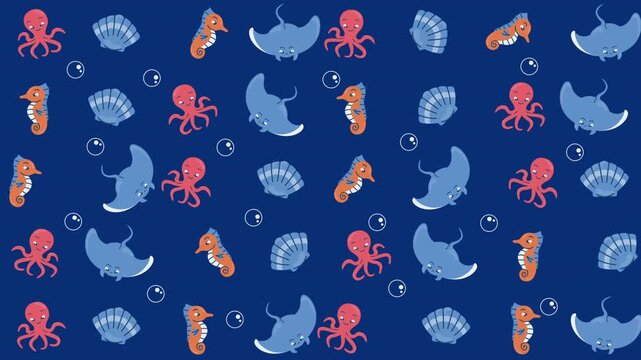 Blue sea creature and bubble pattern suitable for underwater themed designs, childrens products, oceanthemed websites, and marine life educational materials.