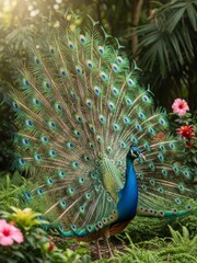 Obraz premium Peacock displaying its vibrant and colorful feathers in a natural environment. Exotic bird symbolizing beauty, elegance, and wildlife diversity. Suitable for nature, wildlife, and decorative concepts