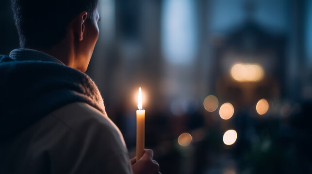 Person holding lit candle inside church during holy week vigil moment of prayer reflection and spiritual devotion.