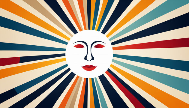 stylized white face with red lips and eyes centered in a burst of colorful rays and stripes in a retro sunburst design.