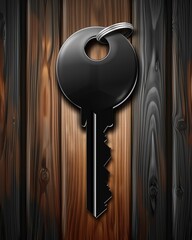 Least privilege access concept. A black key hangs against a textured wooden background, symbolizing security and access.