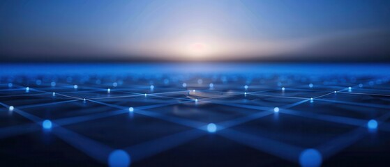Least privilege access concept. A captivating digital landscape featuring a blue grid illuminated by glowing nodes, set against a soft gradient horizon.