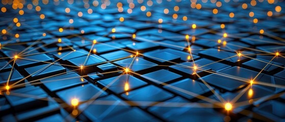 Least privilege access concept. A digital abstract showing a network of glowing nodes and interconnected lines on a grid, evoking themes of technology and connectivity.