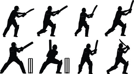 Collection, of, black, silhouettes, featuring, various, cricket, players, batting, in, different, stances, and, positions, for, sports, team, tournament, and, design.