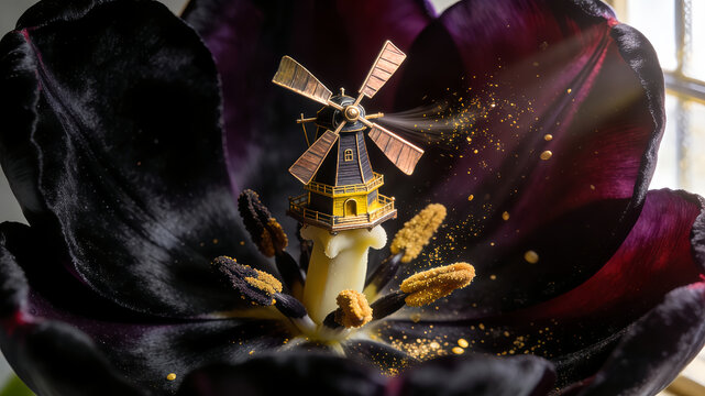 Giant black rose with windmill as its stamen in surreal landscape, dark fantasy and steampunk fusion.