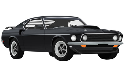 Classic Black Muscle Car Illustration,  Retro Vintage Sport Car Isolated on White
