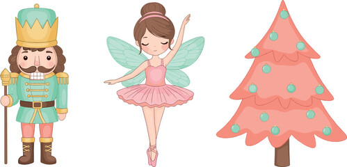 Cute Nutcracker and ballerina fairy vector set with pastel Christmas tree, holiday ballet theme, and whimsical festive cartoon illustrations © MdNazmul