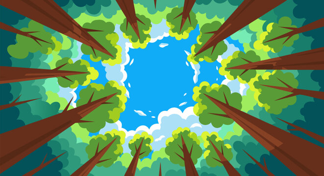 Vibrant vector illustration looking up through a dense green forest canopy towards a bright blue sky, capturing nature's serene growth perspective