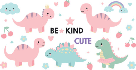 Cute pastel dinosaur vector set with baby dinos, rainbows, hearts, flowers, strawberries, and &ldquo;Be Kind&rdquo; typography for kids nursery designs