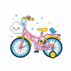 Fototapeta premium Cute pink polka dot bicycle with a yellow seat, blue wheels, and a friendly cloud basket, for kids.