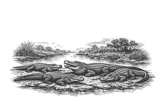Group of Alligators or Crocodiles in a Swamp River Habitat Hand Drawn Engraving Style Vector Illustration Depicting Wild Reptiles in Nature Scenery.