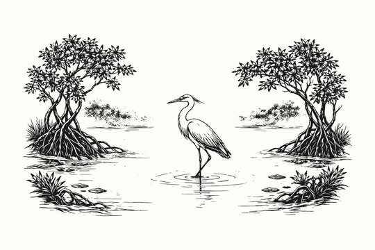 Serene vintage line art vector illustration of a majestic heron bird standing in a swampy wetland surrounded by mangrove trees and calm water.