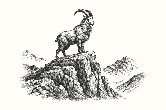 Powerful vintage engraving vector illustration of an ibex mountain goat standing on a high rocky cliff with a scenic mountain range background.