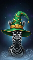 Fototapeta premium Zebra with black and white stripes wearing a green hat with gold crescent moon and star, against a starry sky, symbolizing magic and fantasy