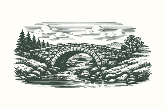 Classic woodcut style vector illustration of a rustic stone arch bridge over a flowing river stream surrounded by rocks and trees in a rural countryside.