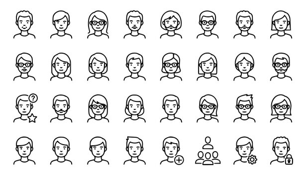 Minimal line avatar and user profile icon set with editable stroke
