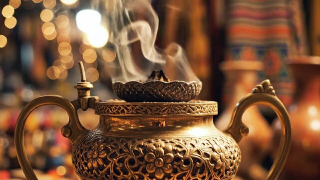 Ornate arabic bukhoor burner with intricate floral patterns releasing thick wisps of fragrant smoke in a warm and atmospheric indoor shop