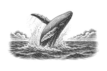 Breaching humpback whale in vintage engraving line art style vector illustration with dramatic ocean waves for marine posters, apparel prints and branding © Chairul