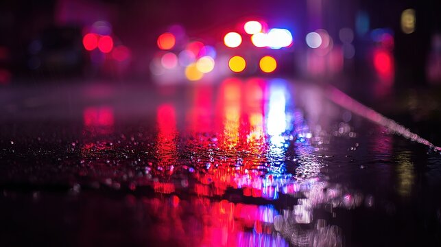 pavement. Glowing red and blue lights reflecting on wet pavement at night with dramatic contrast. mobility guides, transit brochures, designed for mobility and urban transit guides.