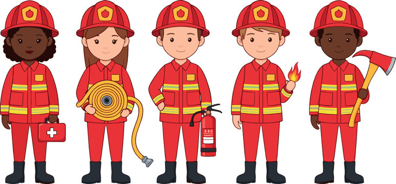 Firefighter character vector set with diverse fire crew in uniforms, safety equipment, fire hose, extinguisher, axe, and emergency cartoon illustrations