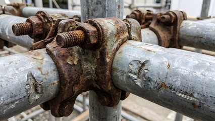 Detailed view of rusty scaffolding clamps and metal pipes on a construction site