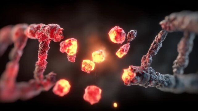 A 3D illustration of two DNA helices intersecting with a bright explosion of orange light between them