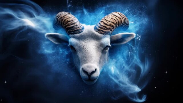 White ram head emerging from swirling blue cosmic nebula smoke on black background 3D render