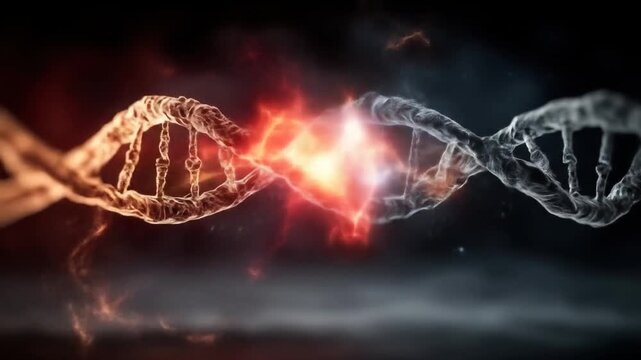 A DNA double helix with a glowing red mutation point