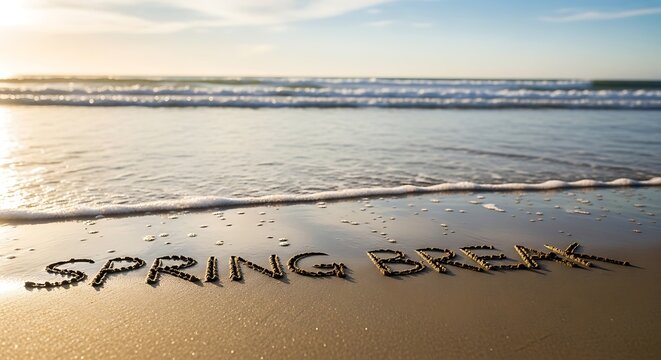 Spring Break Written in the Sand on Beach.