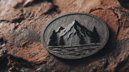 Rustic wooden medallion with carved mountain landscape and pine trees on a textured bark background