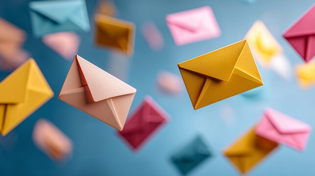 Colorful flying envelope over blue background representing email marketing, message delivery, campaign automation and audience engagement.