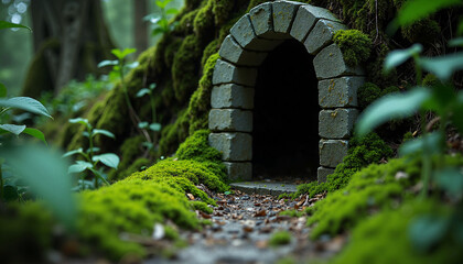 Enchanted forest doorway beneath mossy stones surrounded by lush greenery, leading into mysterious woodland pathway. This enchanted forest concept invites exploration into a magical realm.