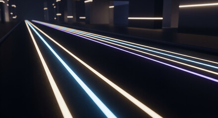 abstract or futuristic visualization of a road or tunnel with colorful neon light lines. 