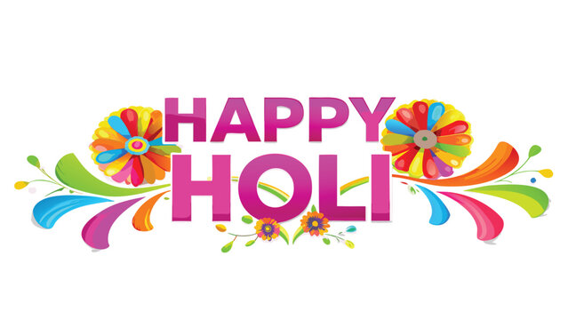 Vibrant happy holi festival typography with colorful swirling patterns and flowers on white background
