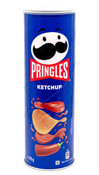 Pringles Ketchup flavored potato chips can with bright blue packaging and classic branding, featuring tomato ketchup imagery and crunchy snack crisps for retail and food marketing use, isolated.