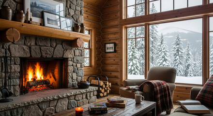 Fototapeta premium Cozy interior featuring stone fireplace with fire, a wood wall cabin, and snowy forest seen through window, showcasing warm and inviting atmosphere