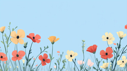 Obraz premium Vibrant wildflowers blooming against a light blue background in a cheerful design