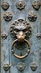 A close-up of an ornate metal door knocker in the shape of a lion's head on a weathered wooden door