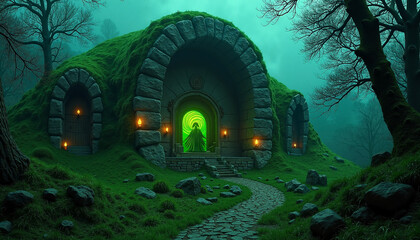 Mystical fantasy landscape with enchanting gateway and lush greenery. Surreal scene features ancient stone architecture, glowing lights, and a winding path leading to a magical entrance.