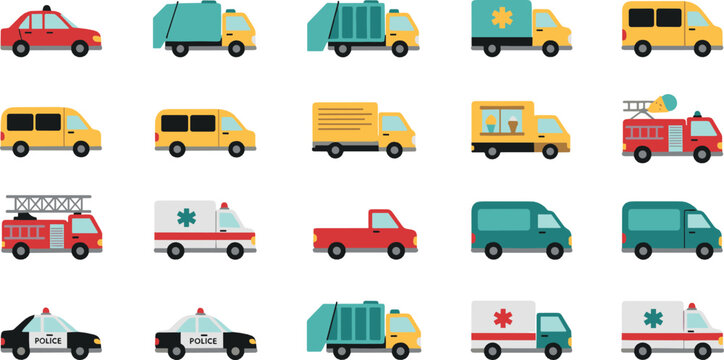 Vehicle vector set with cars, trucks, buses, ambulances, garbage trucks, police cars, delivery vans, and colorful transportation illustrations