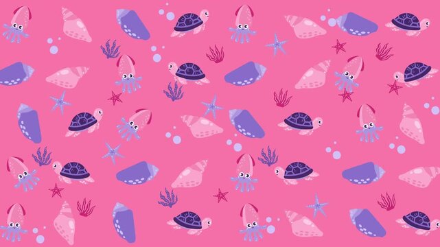 Pink background pattern with sea creatures and shells suitable for oceanthemed designs, invitations, stationery, and childrens products. Vibrant and whimsical.