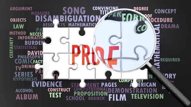 Proof under magnifying glass, being researched, studied and examined. Most important subjects and ideas closely related to proof presented as a word cloud. Complexity of proof. Can be looped.