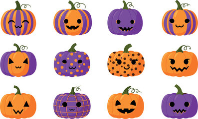 Fototapeta premium Cute Halloween pumpkin character vector set with spooky jack o lantern faces, colorful festive gourds, and playful cartoon autumn illustrations
