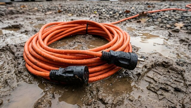 A heavy-duty orange extension cord coiled on a muddy ground surface with puddles